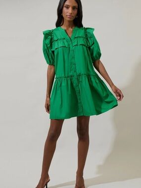 Sugarlips Emerald Ruffle-Trim Button Mini Dress